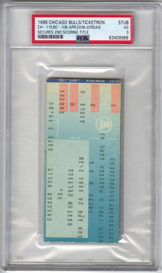 1988 Chicago Bulls vs Boston Celtics 4/24 - Michael Jordan 46 Points Wins 2nd Scoring Title Ticket Stub PSA Pop 1