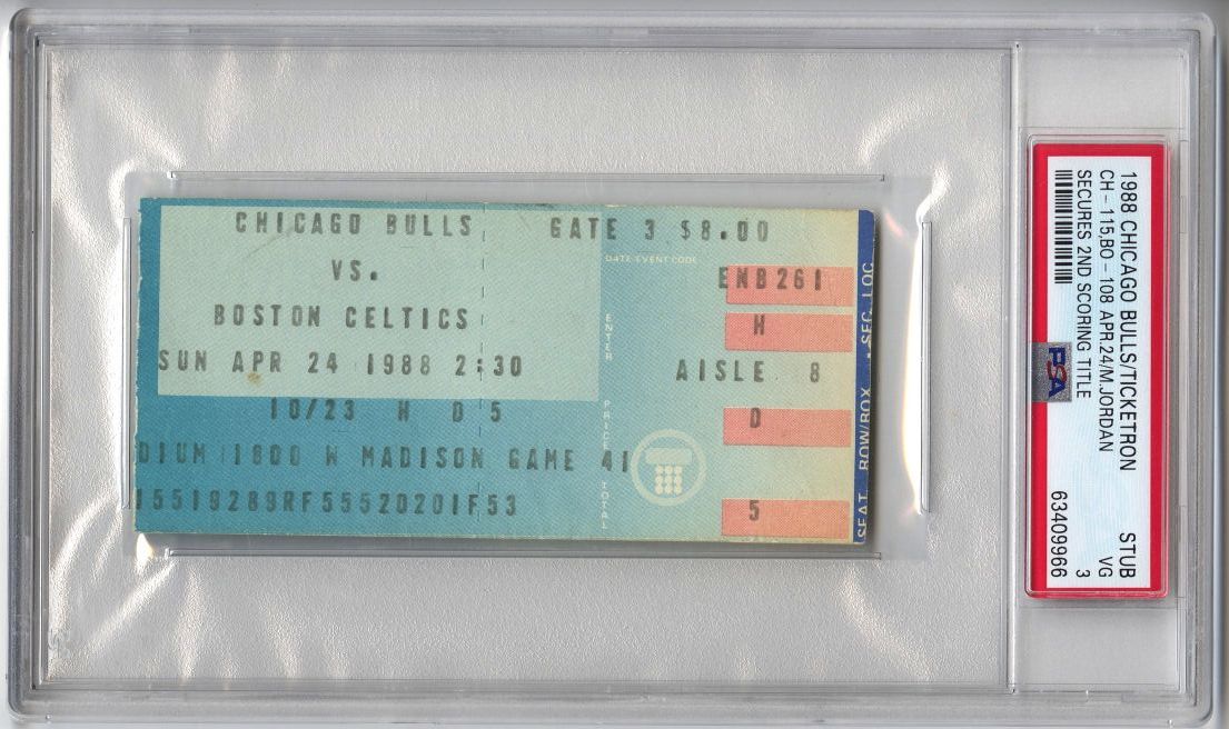 1988 Chicago Bulls vs Boston Celtics 4/24 - Michael Jordan 46 Points Wins 2nd Scoring Title Ticket Stub PSA Pop 1
