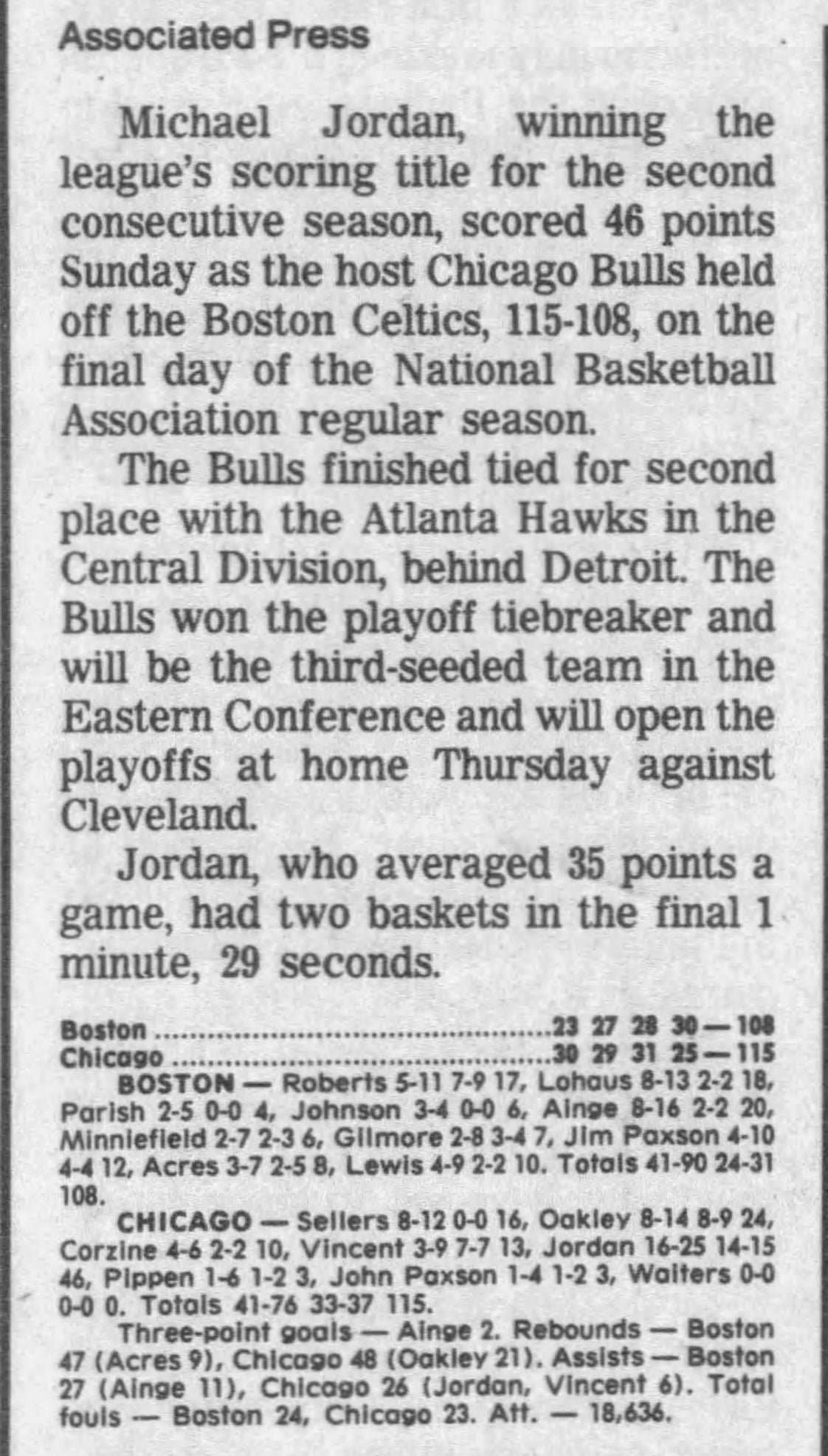 1988 Chicago Bulls vs Boston Celtics 4/24 - Michael Jordan 46 Points Wins 2nd Scoring Title Ticket Stub PSA Pop 1