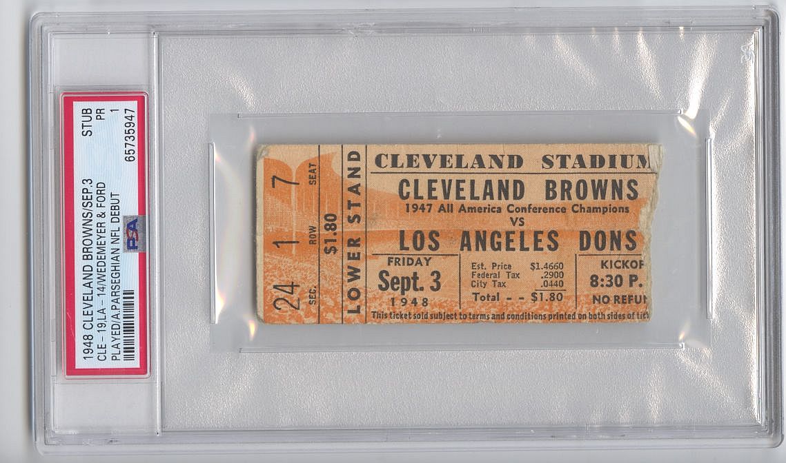 September 3, 1948 Cleveland Browns 19 L.A. Dons 14 AAFC Ticket Stub - Len Ford, Ara Parseghian, & Wedemeyer Pro Debuts PSA Pop 1