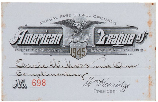 1945 American League Season Pass Ticket - Pete Gray Bert Shepard MLB Debuts