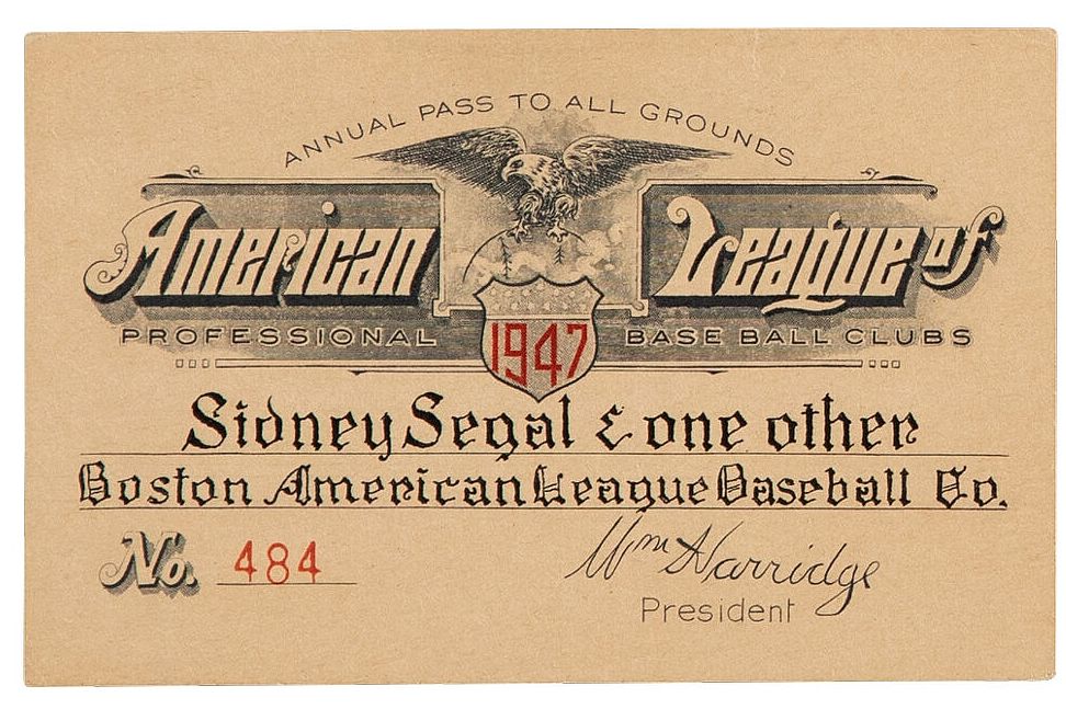 1947 American League Season Pass Ticket - Willard Brown Larry Doby Nellie Fox MLB Debuts #B