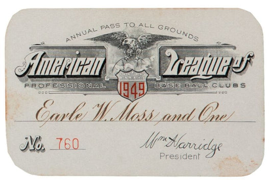 1949 American League Season Pass Ticket -- Minnie Minoso - MLB Rookie Debut