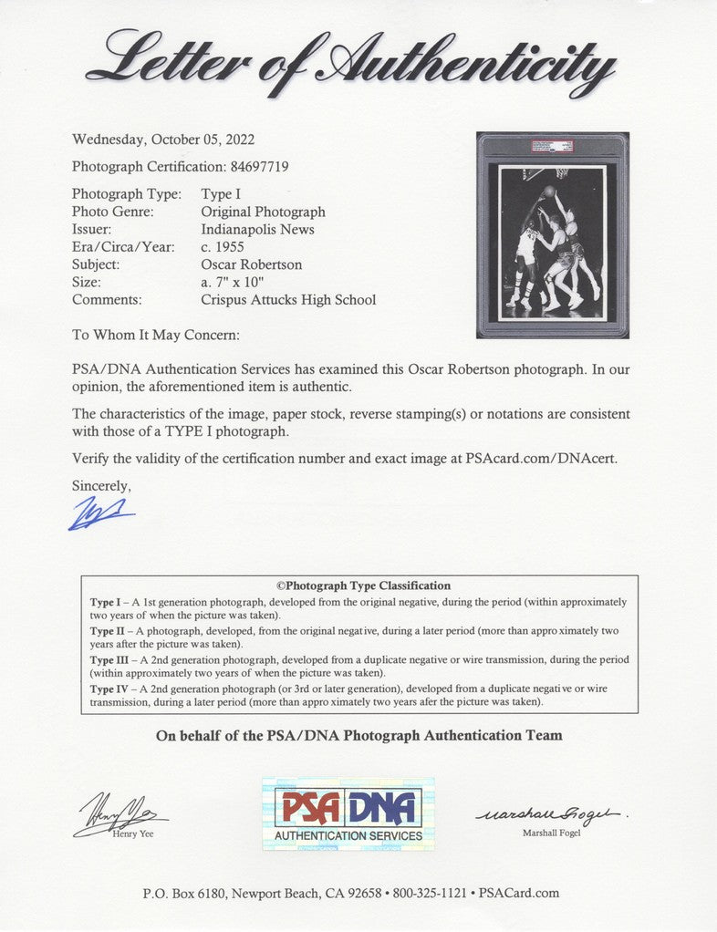 Oscar Robertson 1955 Crispus Attucks High School Basketball State Semi-Finals Original TYPE 1 photo PSA/DNA LOA