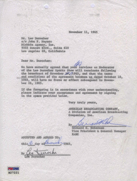 Leo Durocher Signed AUTO 1965 Baseball TV Contract