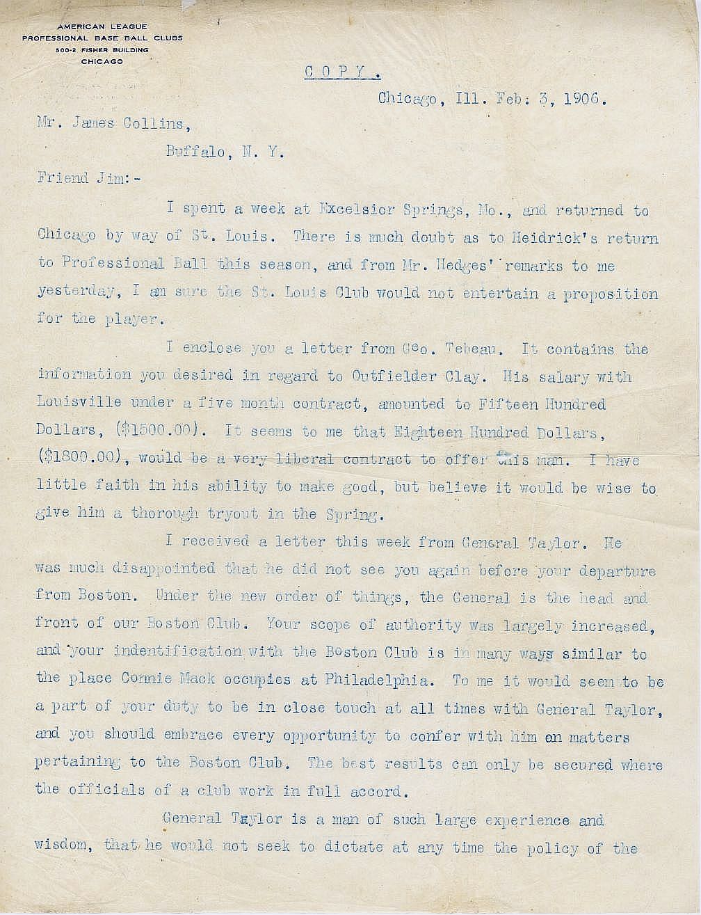 Ban Johnson 1906 Letter with Historical Baseball Content to HOFer Jimmy Collins
