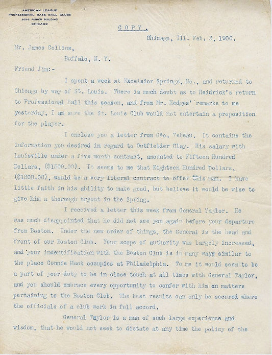 Ban Johnson 1906 Letter with Historical Baseball Content to HOFer Jimmy Collins