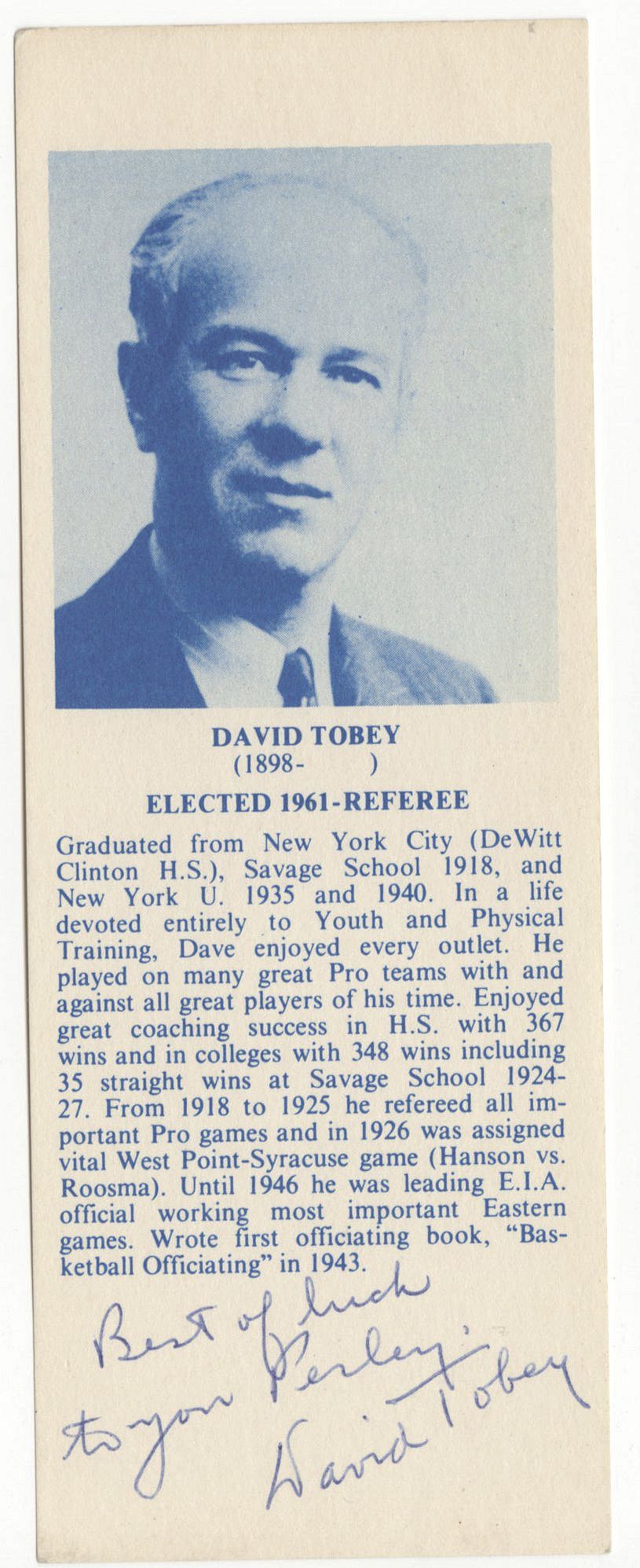 Dave David Tobey signed AUTO Basketball HOF bookmark D. 1988