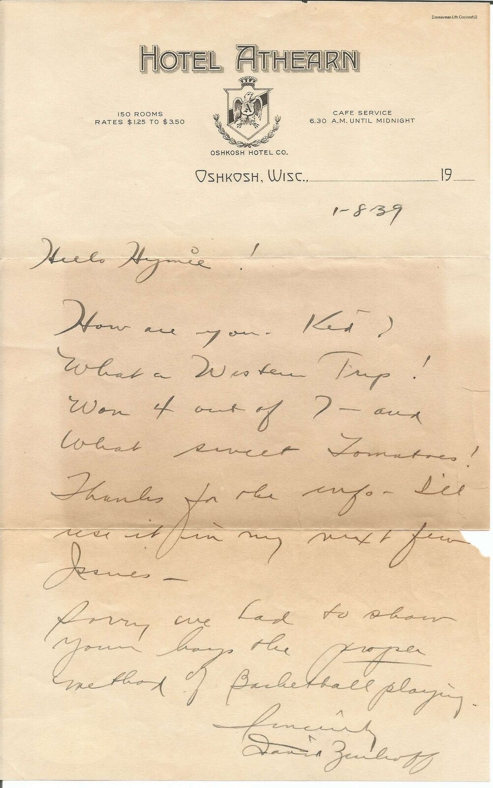 Dave Zinkoff Philadelphia Warriors Sixers Phillies Sphas Wilt 100 PT Game Broadcaster Signed AUTO letter JSA COA