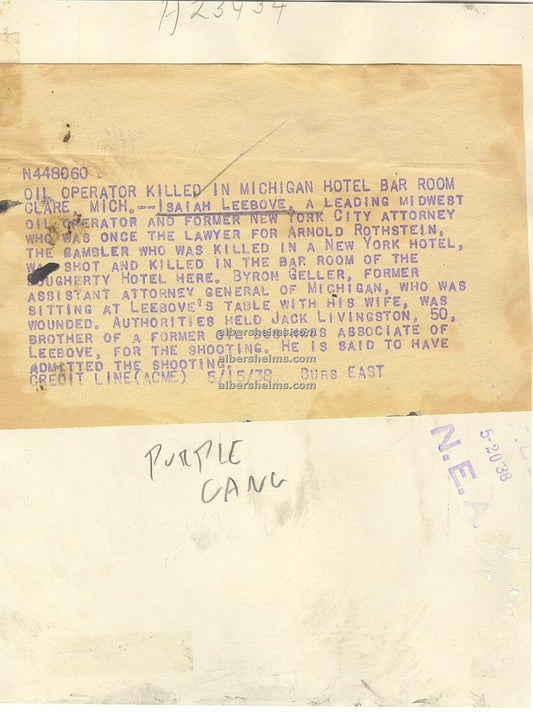 Mob Lawyer Isaiah Leebove for Mobster Arnold Rothstein & Purple Gang Ties Original 1938 Press Photo