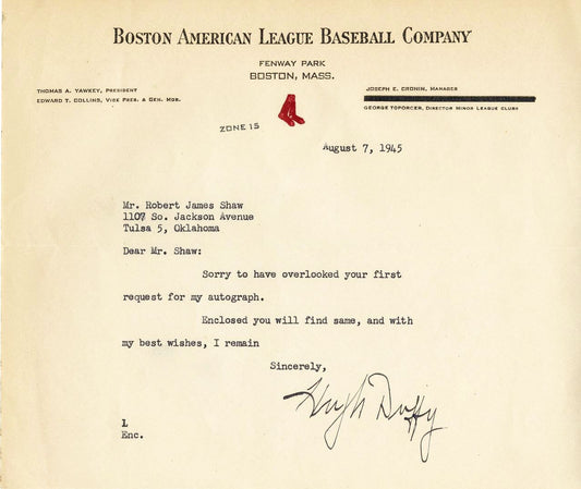 Hugh Duffy AUTO signed letter Baseball HOF D.1954 PSA/DNA LOA