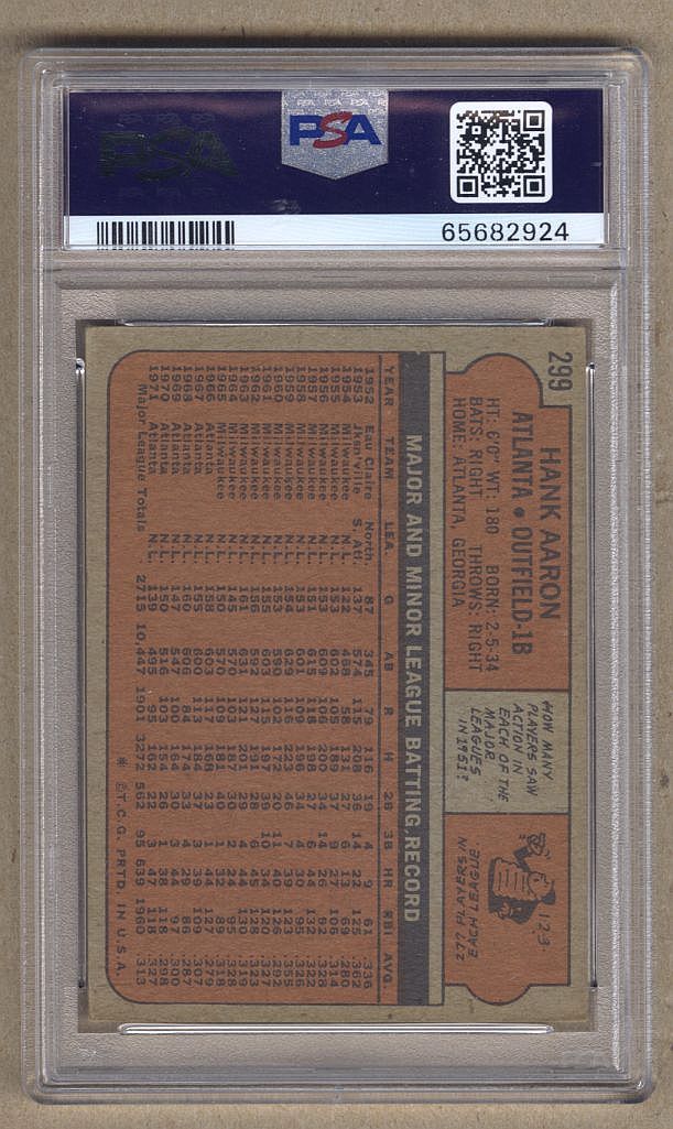 1972 Topps #299 Hank Aaron PSA VG + Signed AUTO Grade 8 PSA/DNA Baseball Card