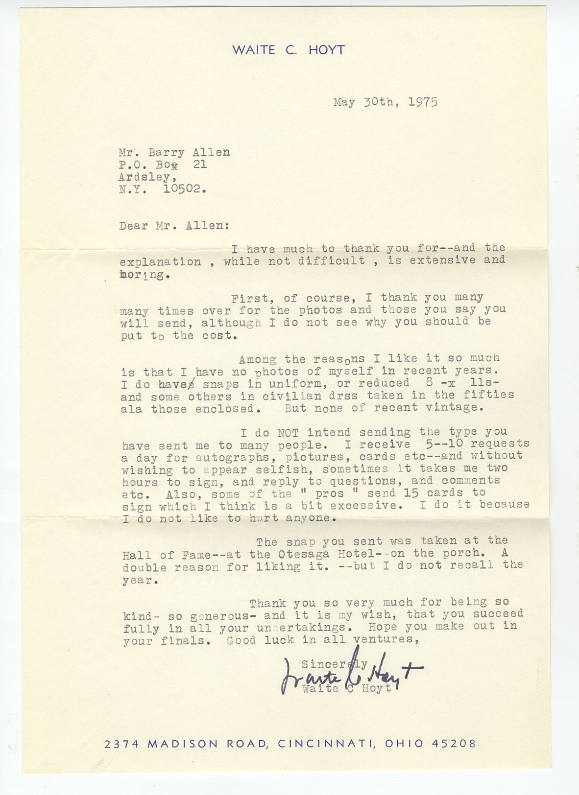 Waite Hoyt Baseball HOF 1927 Yankees Typed Letter Signed AUTO