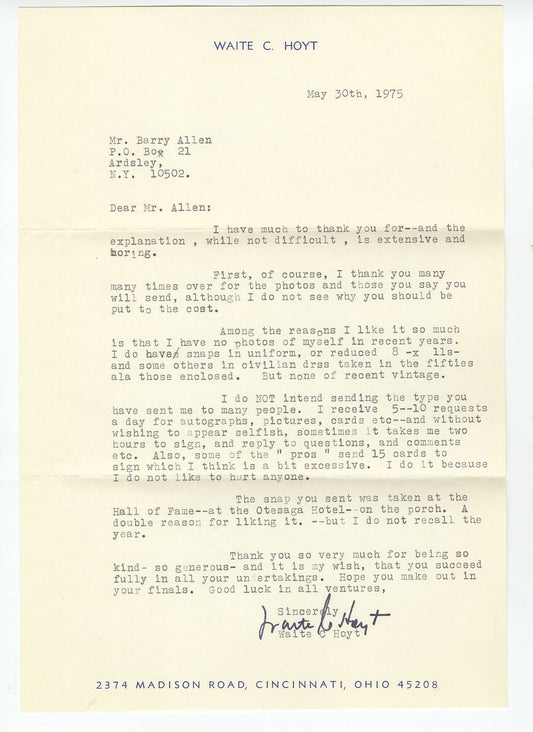 Waite Hoyt Baseball HOF 1927 Yankees Typed Letter Signed AUTO