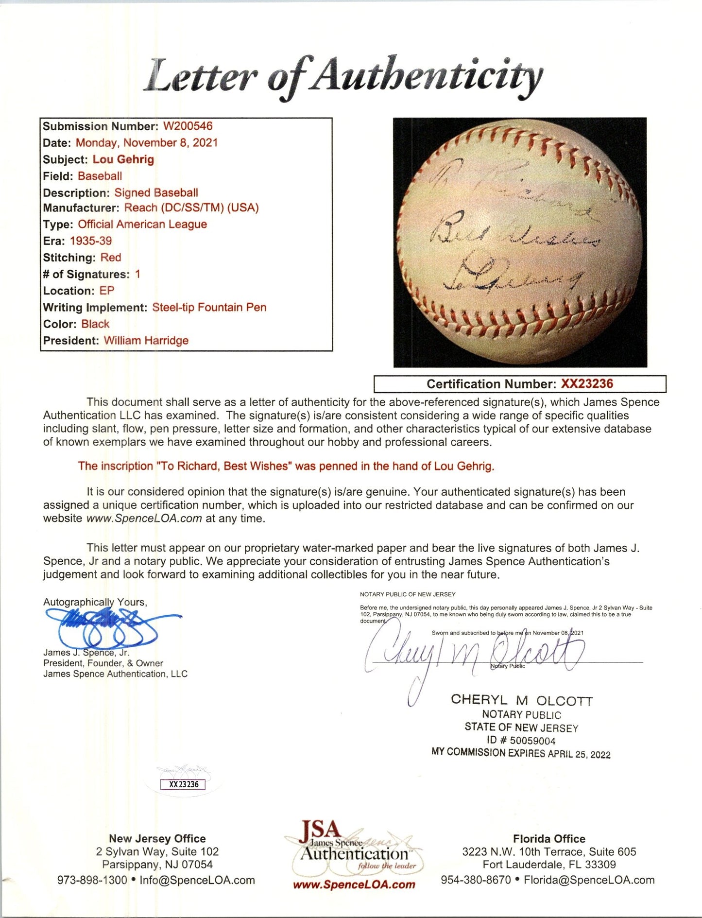 Lou Gehrig Single Signed AUTO Official A.L. Baseball NY Yankees HOF - PSA/DNA & JSA LOA
