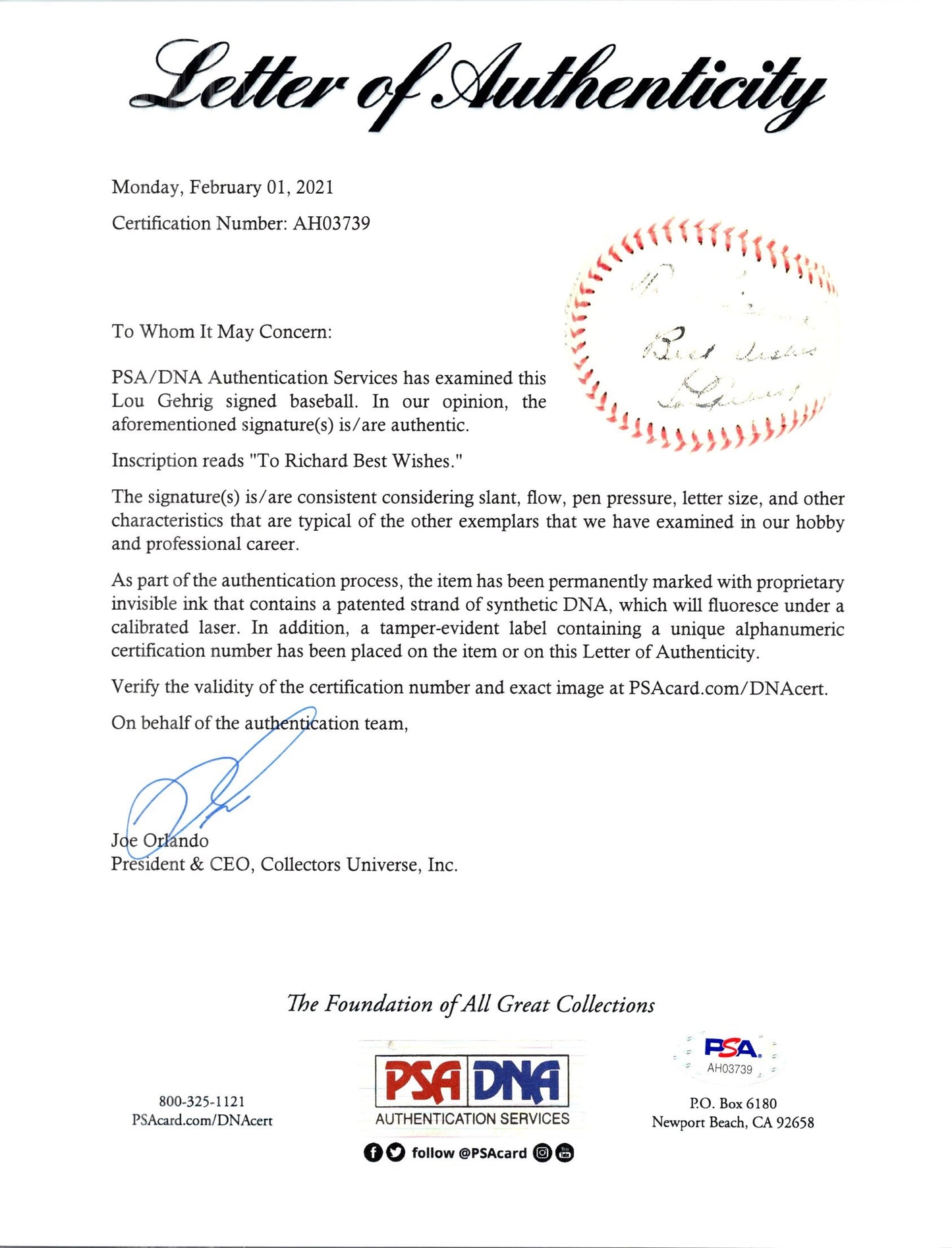 Lou Gehrig Single Signed AUTO Official A.L. Baseball NY Yankees HOF - PSA/DNA & JSA LOA