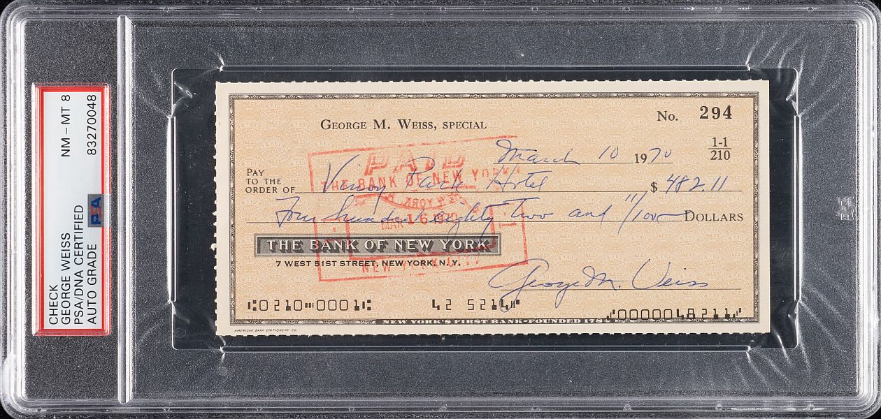 George Weiss Baseball HOF Signed AUTO Personal Check PSA/DNA NM-MT 8