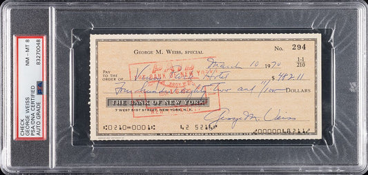 George Weiss Baseball HOF Signed AUTO Personal Check PSA/DNA NM-MT 8