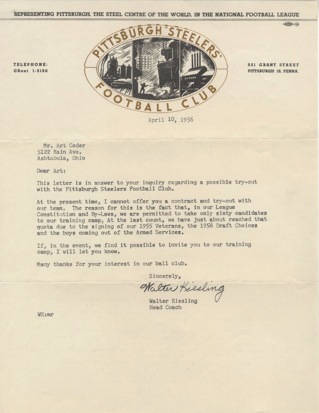 Walt Walter Kiesling Typed Letter Signed AUTO on Steelers Letterhead Pro Football HOF Super RARE JSA LOA