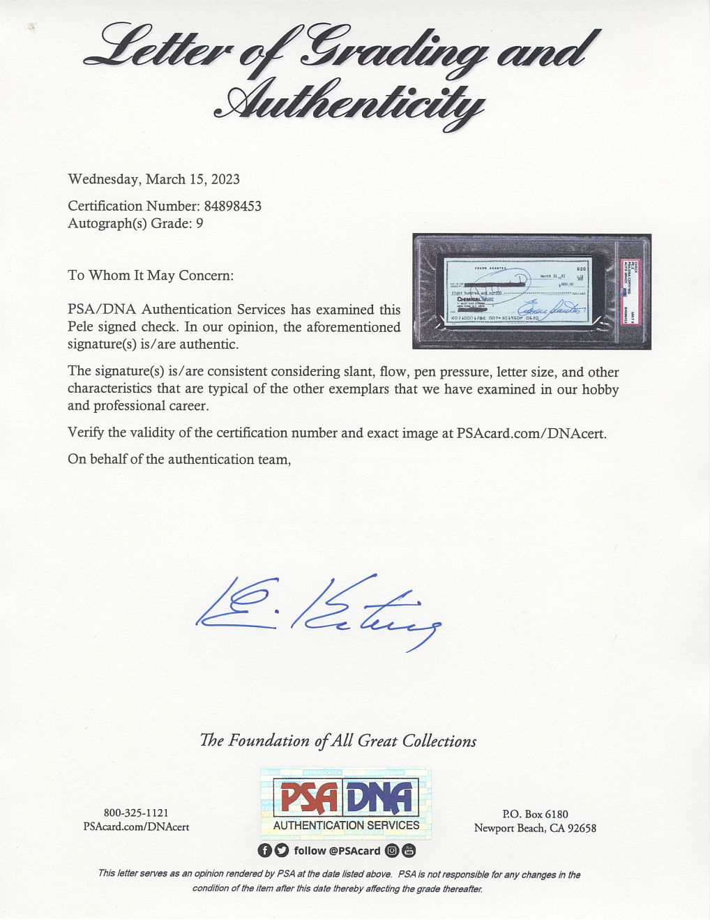 Pelé Pele Signed AUTO grade 9 personal check PSA/DNA