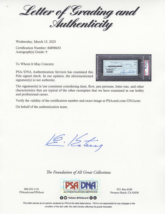 Pelé Pele Signed AUTO grade 9 personal check PSA/DNA