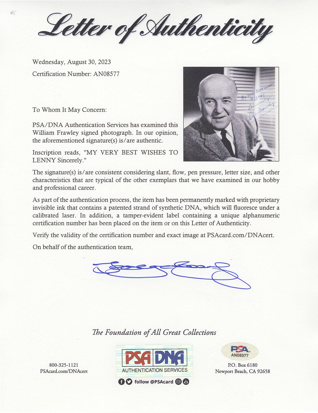 William Bill Frawley "I Love Lucy" Fred Mertz Signed AUTO 8x10 Photo PSA/DNA LOA