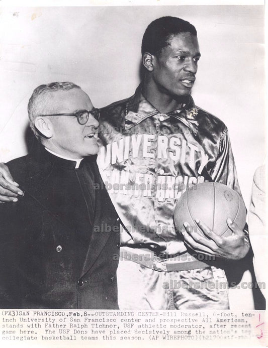 Bill Russell USF Basketball All American /w Father Tichnor Original 1955 Press Photo