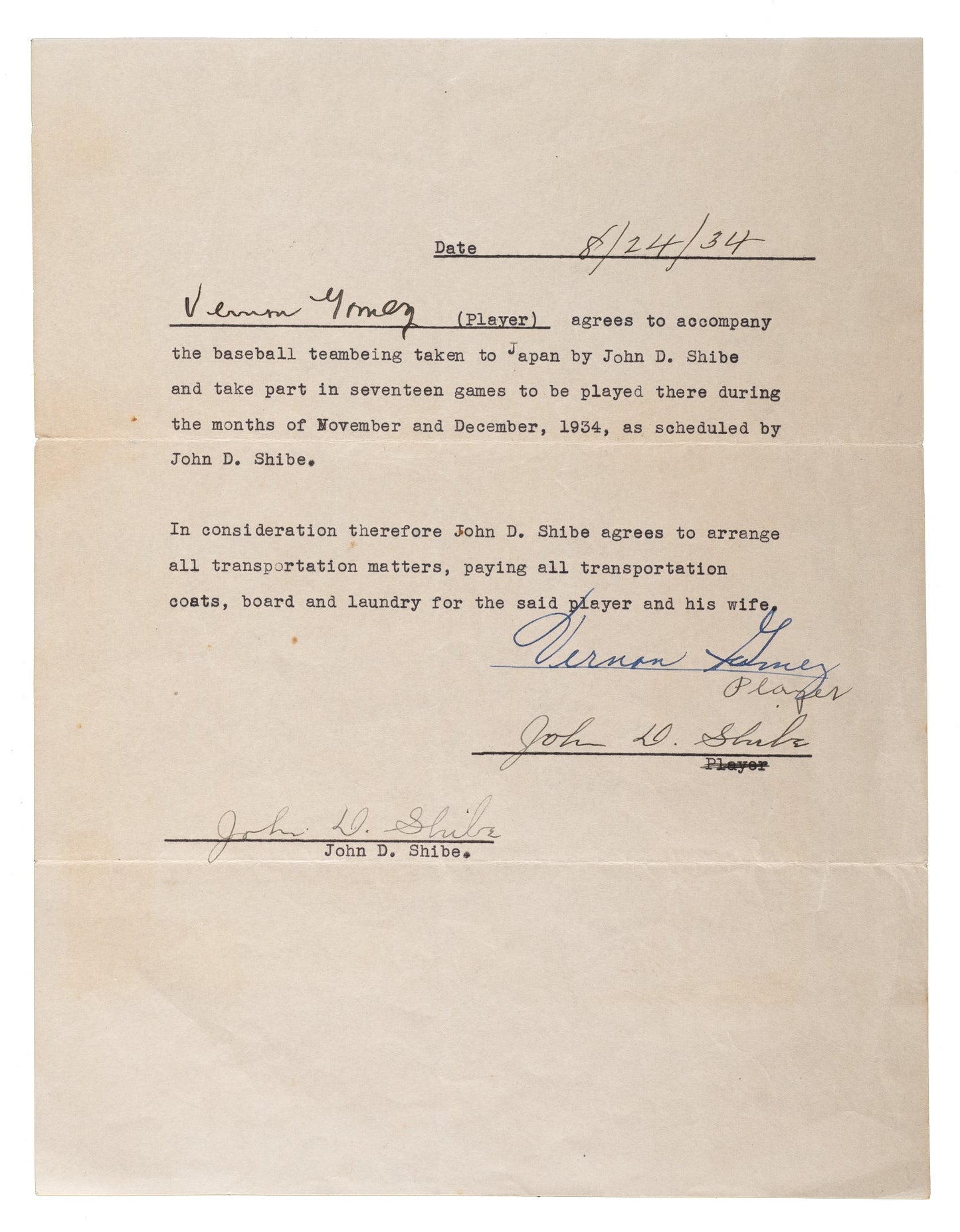 1934 Lefty Gomez Signed Tour Of Japan Baseball Contract - The Only One Known