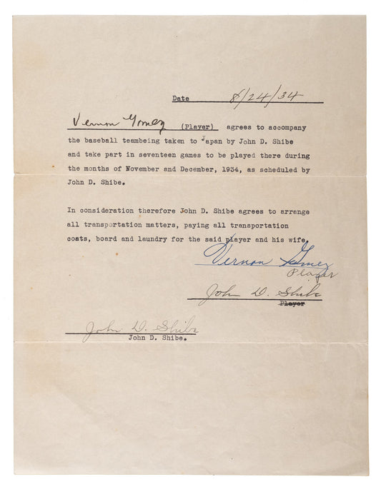 1934 Lefty Gomez Signed Tour Of Japan Baseball Contract - The Only One Known