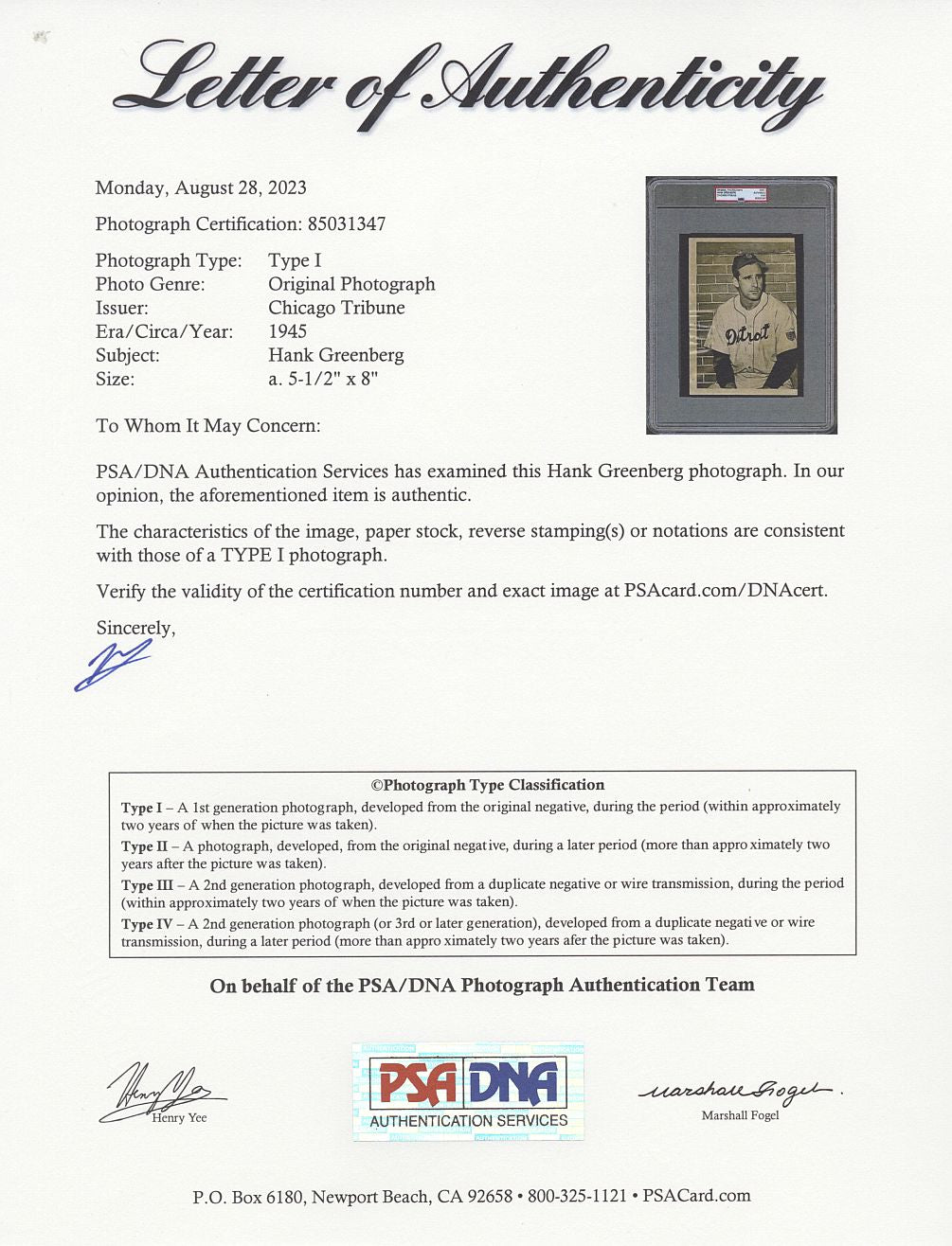 1945 Hank Greenberg Detroit Tigers HOFer Original TYPE 1 Photo PSA/DNA LOA