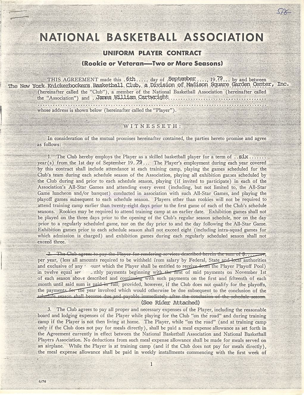 1979-85 Bill Cartwright New York Knicks NBA Basketball Signed AUTO Rookie Contract