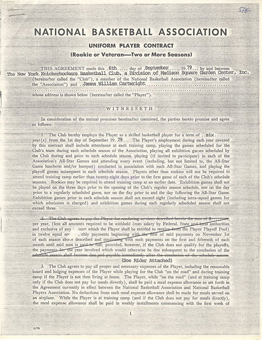 1979-85 Bill Cartwright New York Knicks NBA Basketball Signed AUTO Rookie Contract