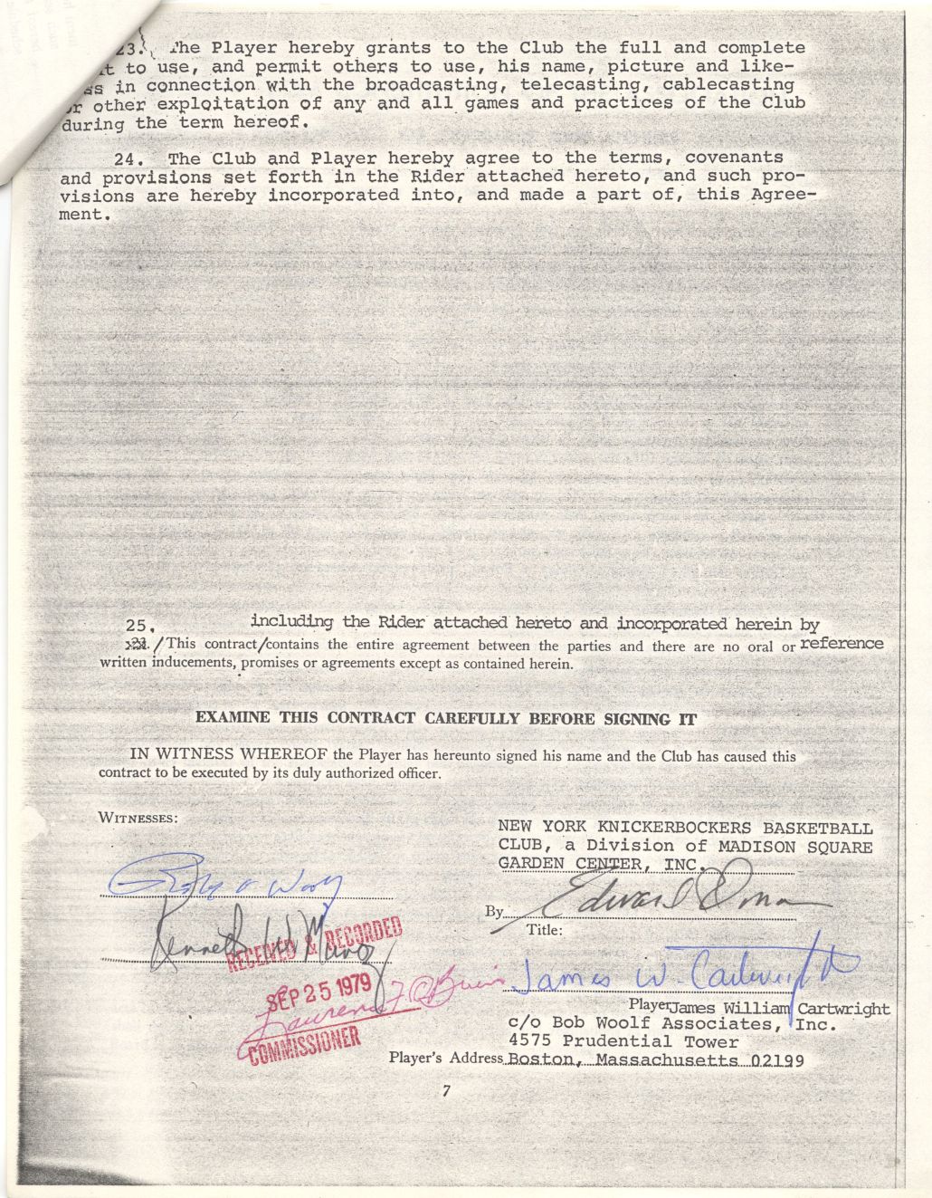 1979-85 Bill Cartwright New York Knicks NBA Basketball Signed AUTO Rookie Contract