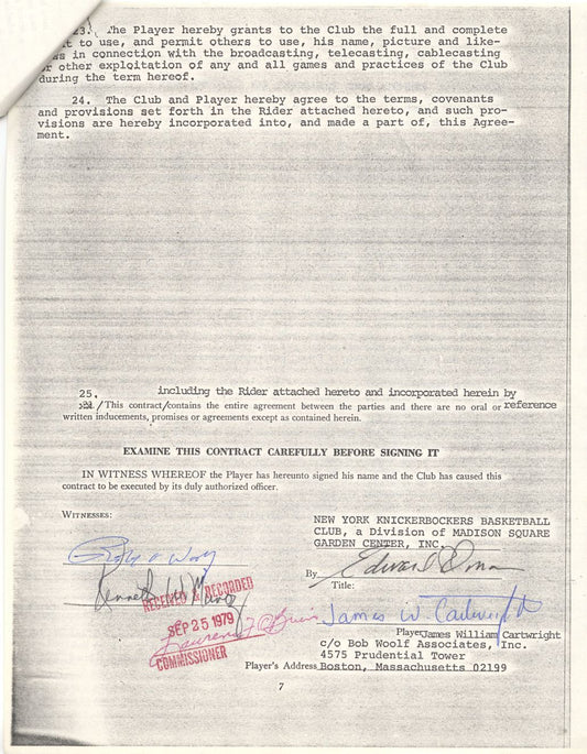 1979-85 Bill Cartwright New York Knicks NBA Basketball Signed AUTO Rookie Contract