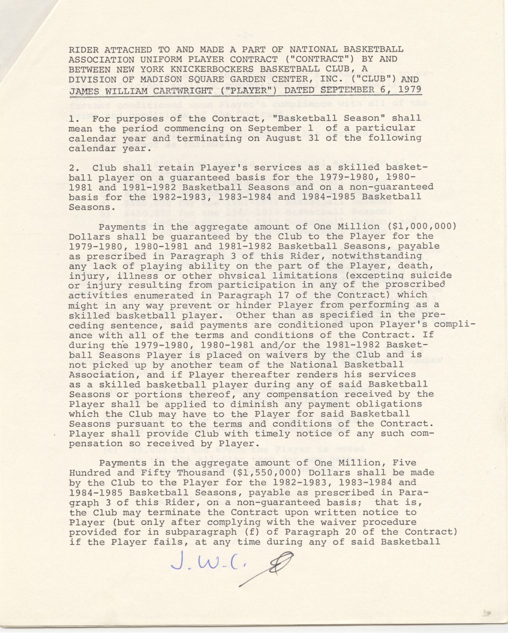 1979-85 Bill Cartwright New York Knicks NBA Basketball Signed AUTO Rookie Contract