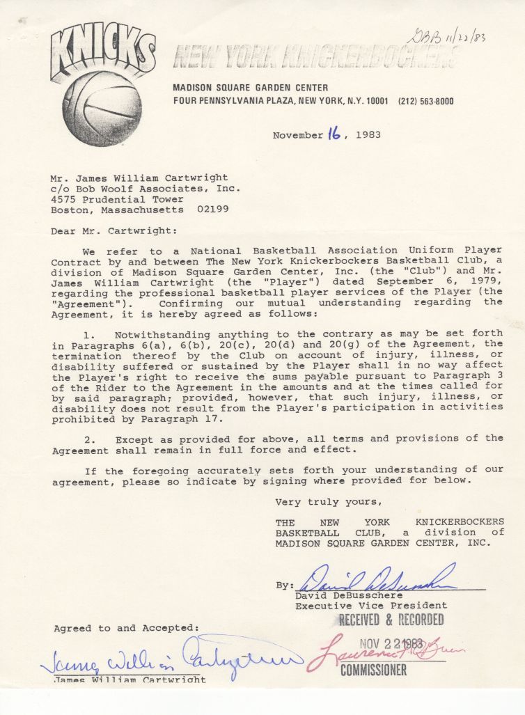 1979-85 Bill Cartwright New York Knicks NBA Basketball Signed AUTO Rookie Contract