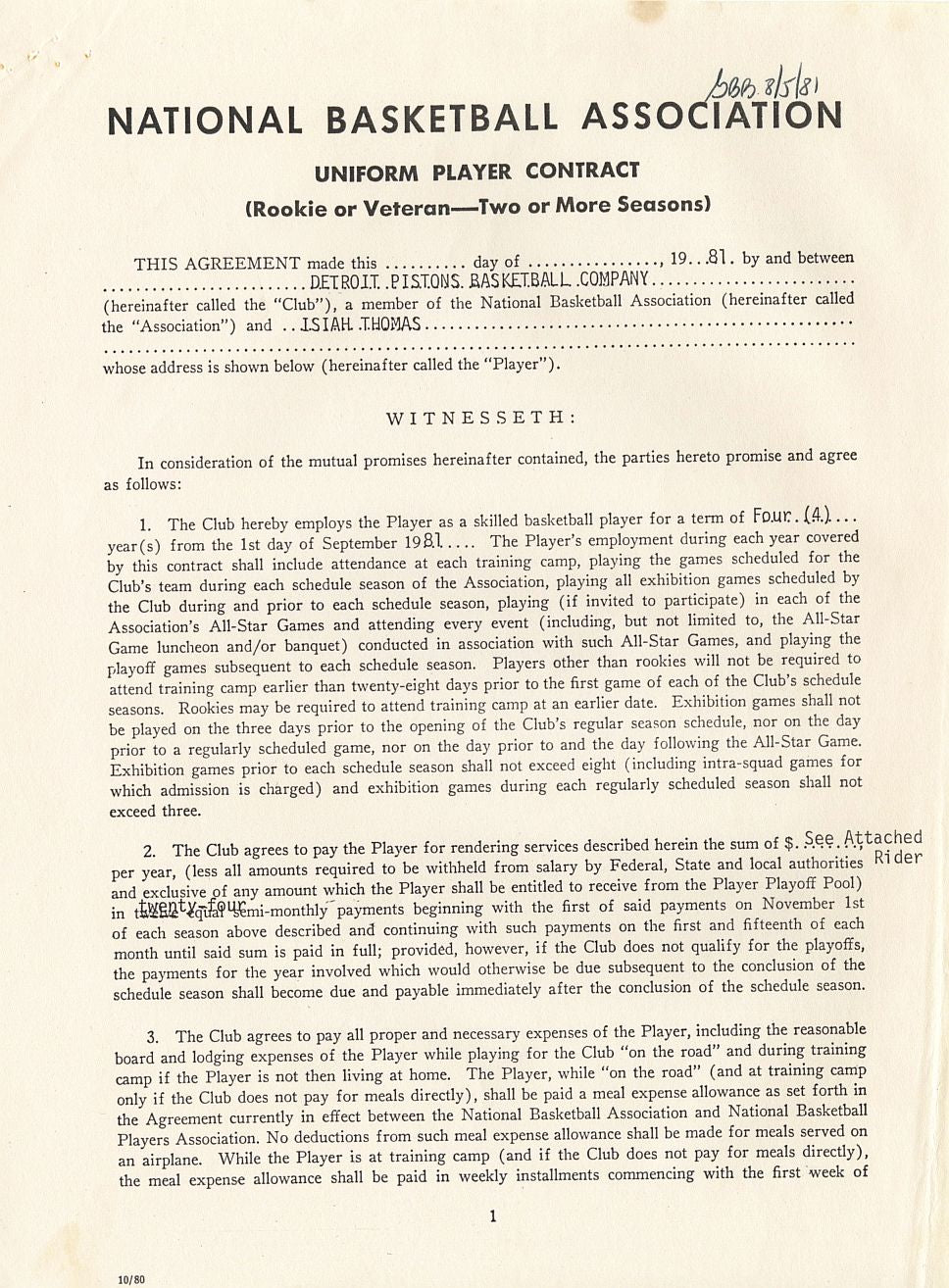 1981 Isiah Thomas Signed Detroit Pistons Official NBA Rookie Contract /w NBA Draft Declaration Letter