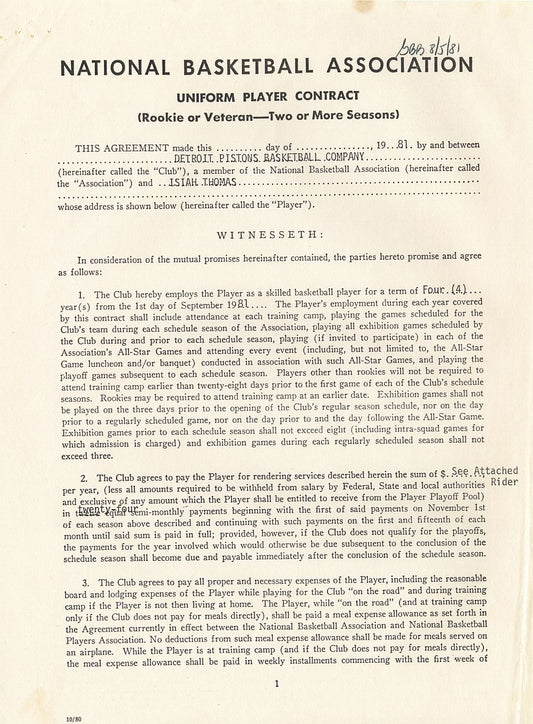 1981 Isiah Thomas Signed Detroit Pistons Official NBA Rookie Contract /w NBA Draft Declaration Letter