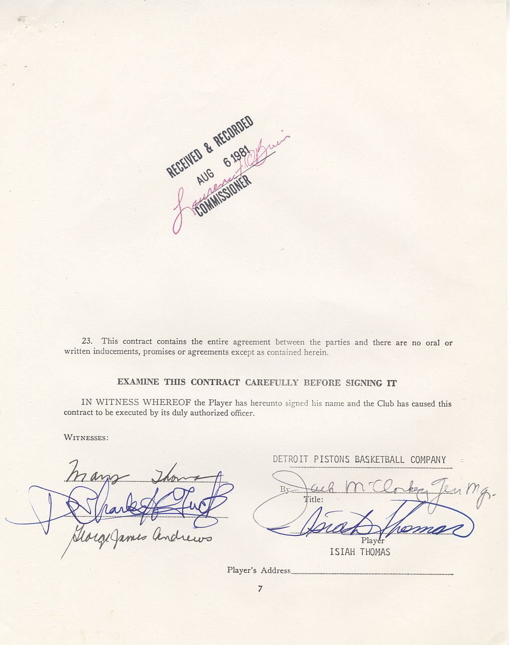 1981 Isiah Thomas Signed Detroit Pistons Official NBA Rookie Contract /w NBA Draft Declaration Letter