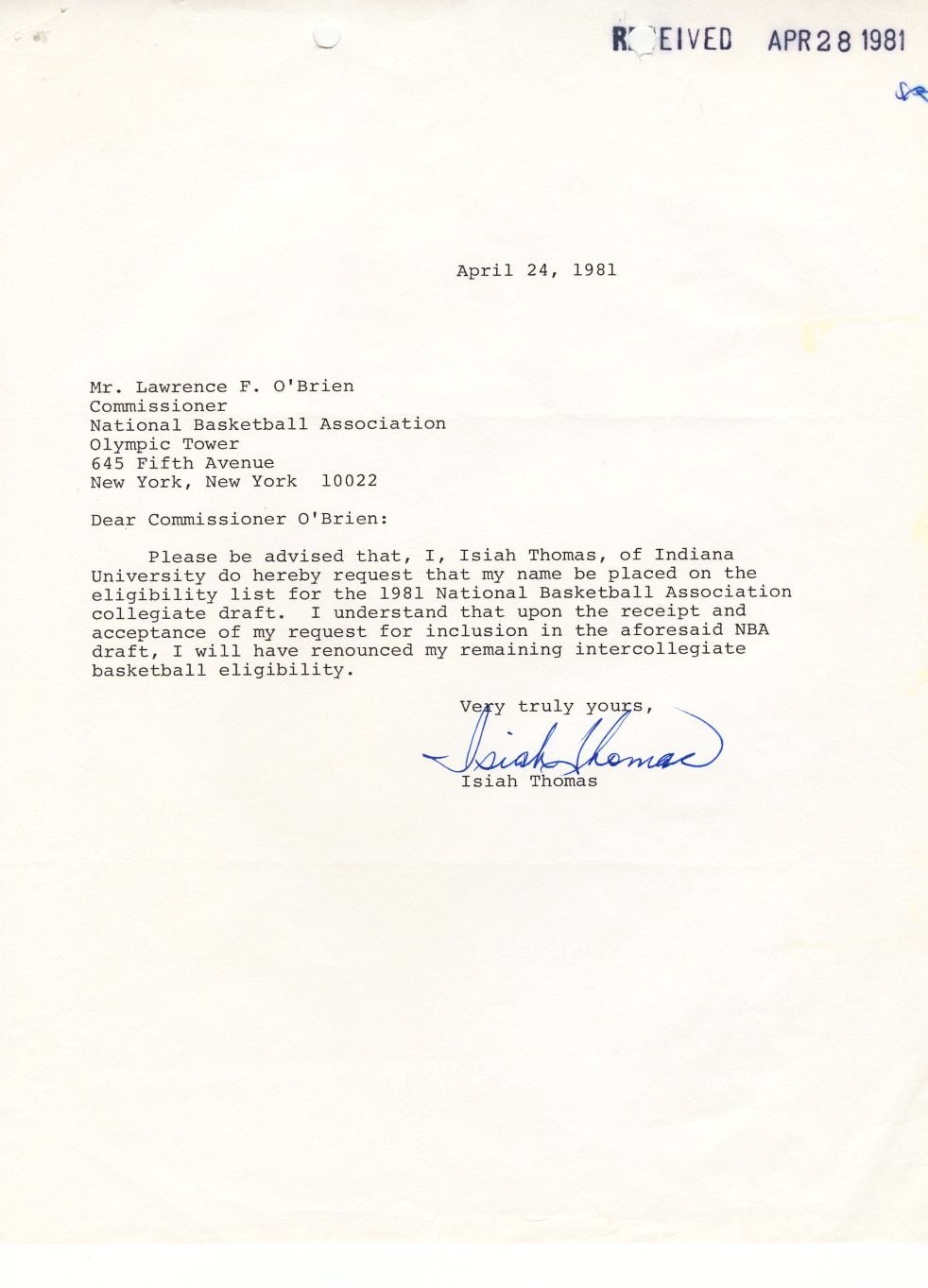 1981 Isiah Thomas Signed Detroit Pistons Official NBA Rookie Contract /w NBA Draft Declaration Letter