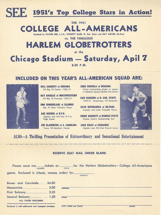 1951 College All-Americans Harlem Globetrotters Handbill Advertising Ticket Form