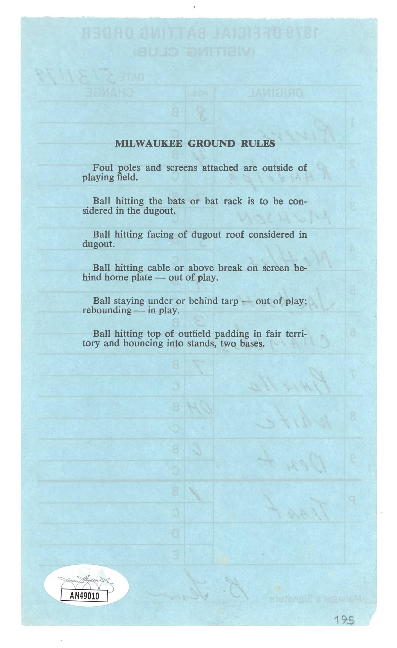 May 31, 1979 NY Yankees Official Batting Order Lineup Card /w Thurman Munson Reggie Jackson 350th HR Game Signed by Bob Lemon JSA COA