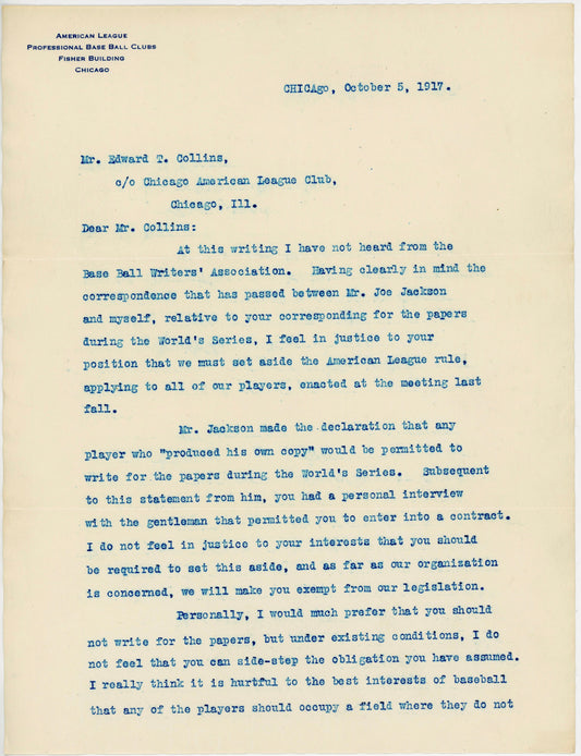 Ban Johnson Signed Letter Written to HOFer Eddie Collins 1917 World Series & Shoeless Joe Jackson Content PSA/DNA LOA