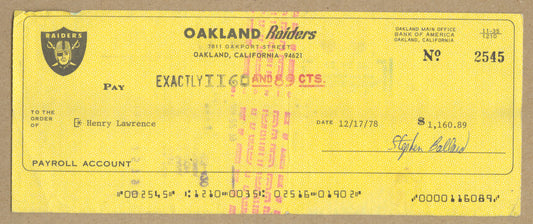 Henry Lawrence Signed AUTO 1978 Oakland Raiders payroll Check 3 X Super Bowl Champ