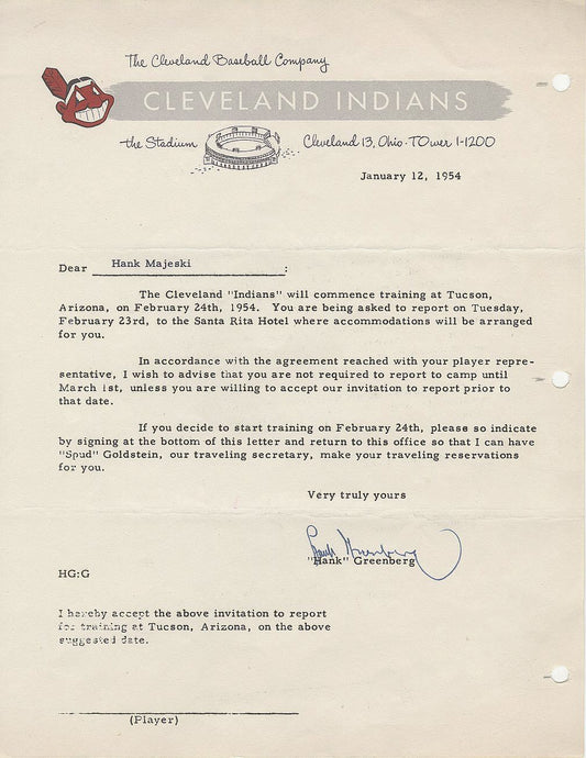 Hank Greenberg Signed AUTO 1954 letter contract agreement to Hank Majeski on Indians letterhead Baseball HOF PSA/DNA