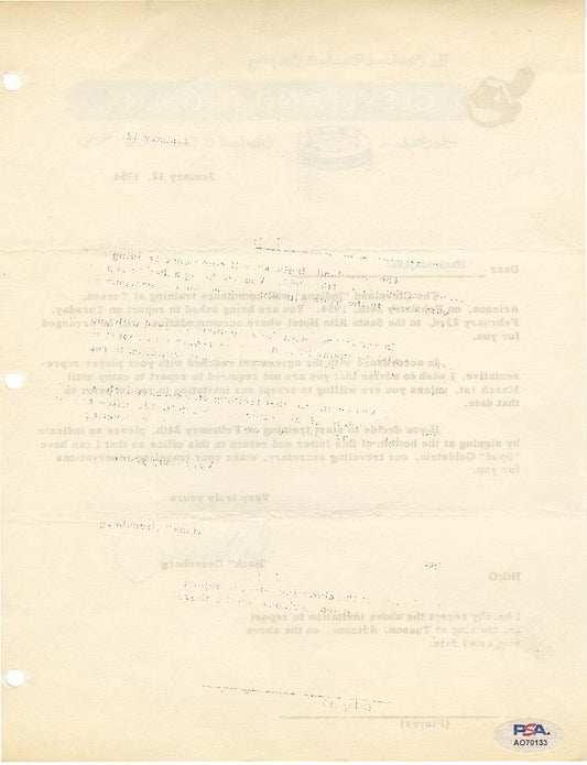 Hank Greenberg Signed AUTO 1954 letter contract agreement to Hank Majeski on Indians letterhead Baseball HOF PSA/DNA