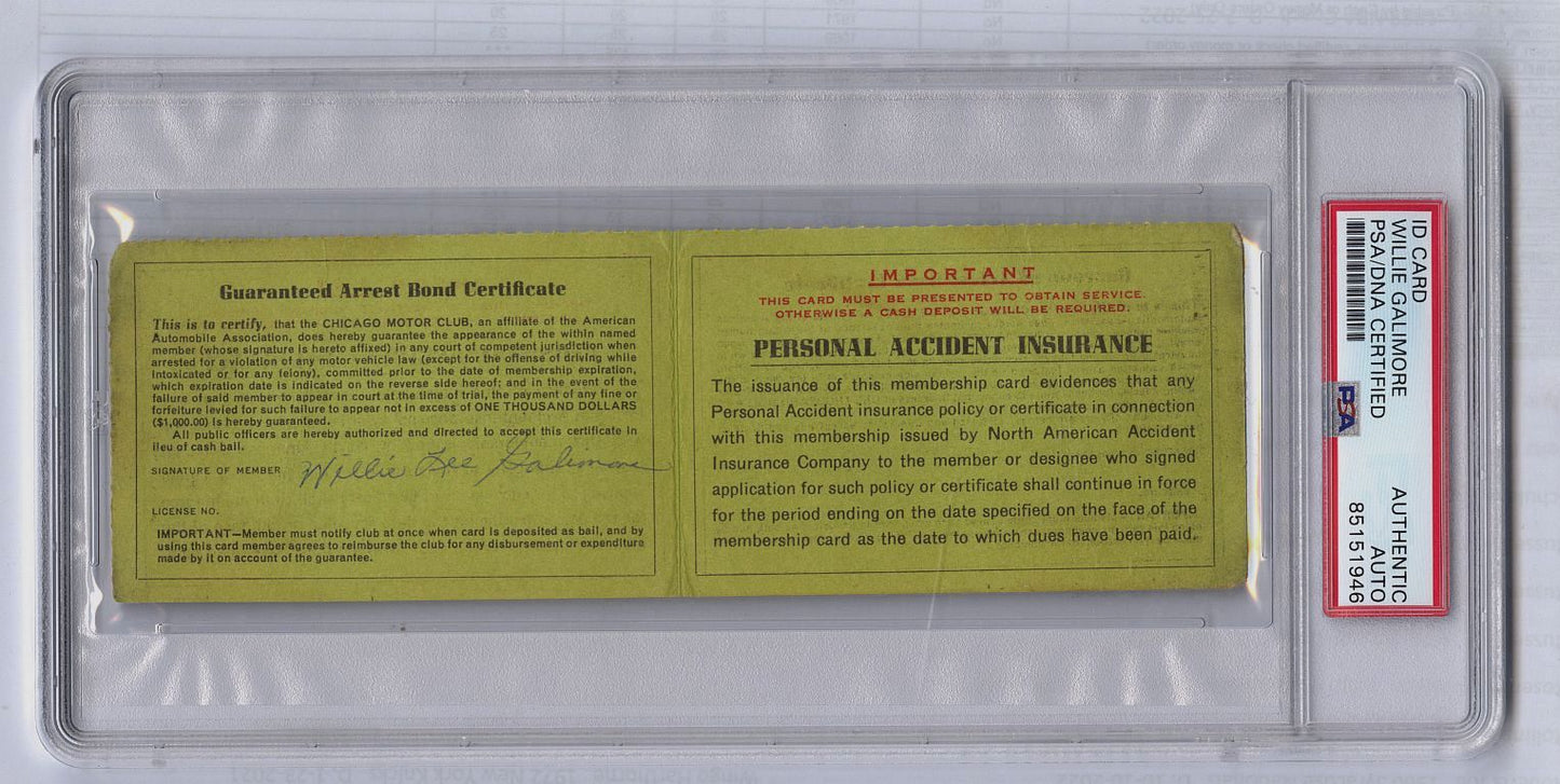 Willie Galimore Signed AUTO Chicago Motor Club AAA Membership Card Chicago Bears College FB HOF PSA/DNA