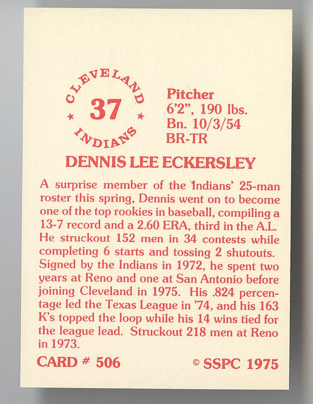 Dennis Eckersley 1975 SSPC Baseball #506 Rookie Card Image Original TYPE 1 Photo PSA/DNA