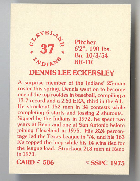 Dennis Eckersley 1975 SSPC Baseball #506 Rookie Card Image Original TYPE 1 Photo PSA/DNA
