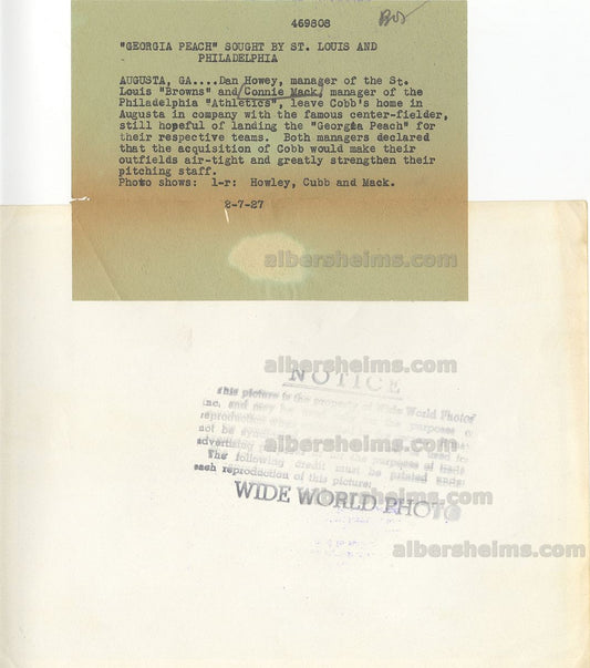 1927 Ty Cobb Connie Mack & Dan Howley Original TYPE II Photo